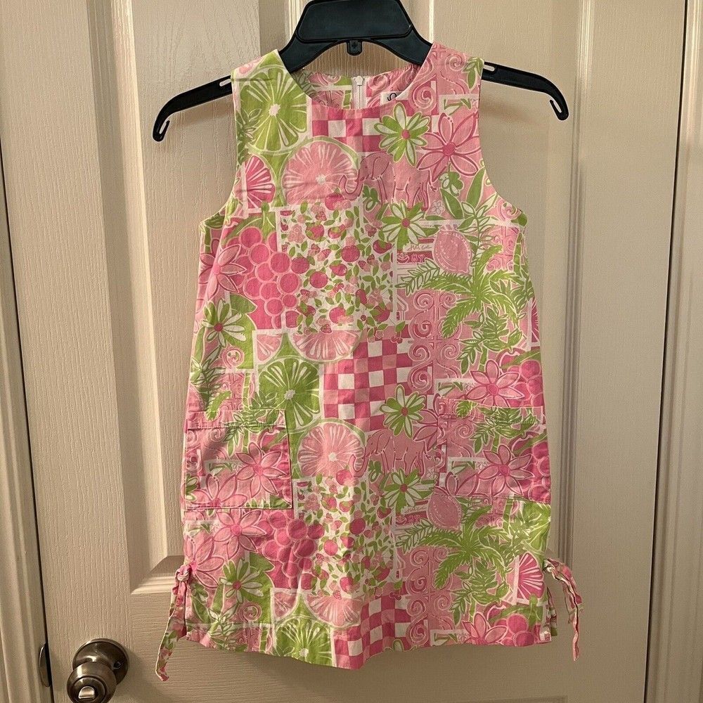 Lilly Pulitzer Elephant Fruit Juice Stand Shift Dress Pink Green Girls Size 8